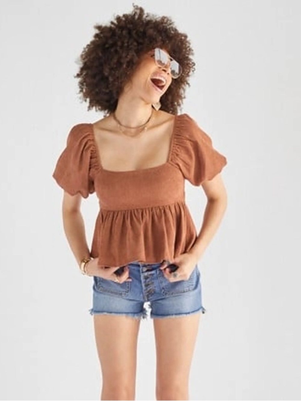 Rust Puff Sleeve Peplum Top